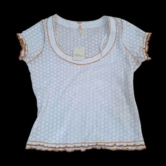 Free People Garner Baby Tee Blouse Top White Short Sleeve Lettuce Hem Cotton XS - Picture 3 of 9